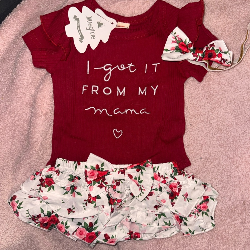 Red 0-3 month Baby Outfit with Floral Skirt and Headband